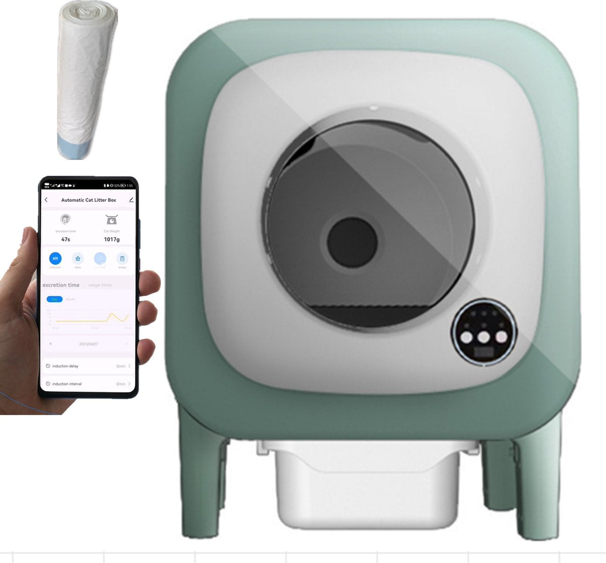 Tailfriends® Automatische Kattenbak - Zelfreinigende Kattenbak --ook geschikt voor grote katten kattenbak voor Maine Coons- Inclusief App-72L-groen/wit-WIFI-video