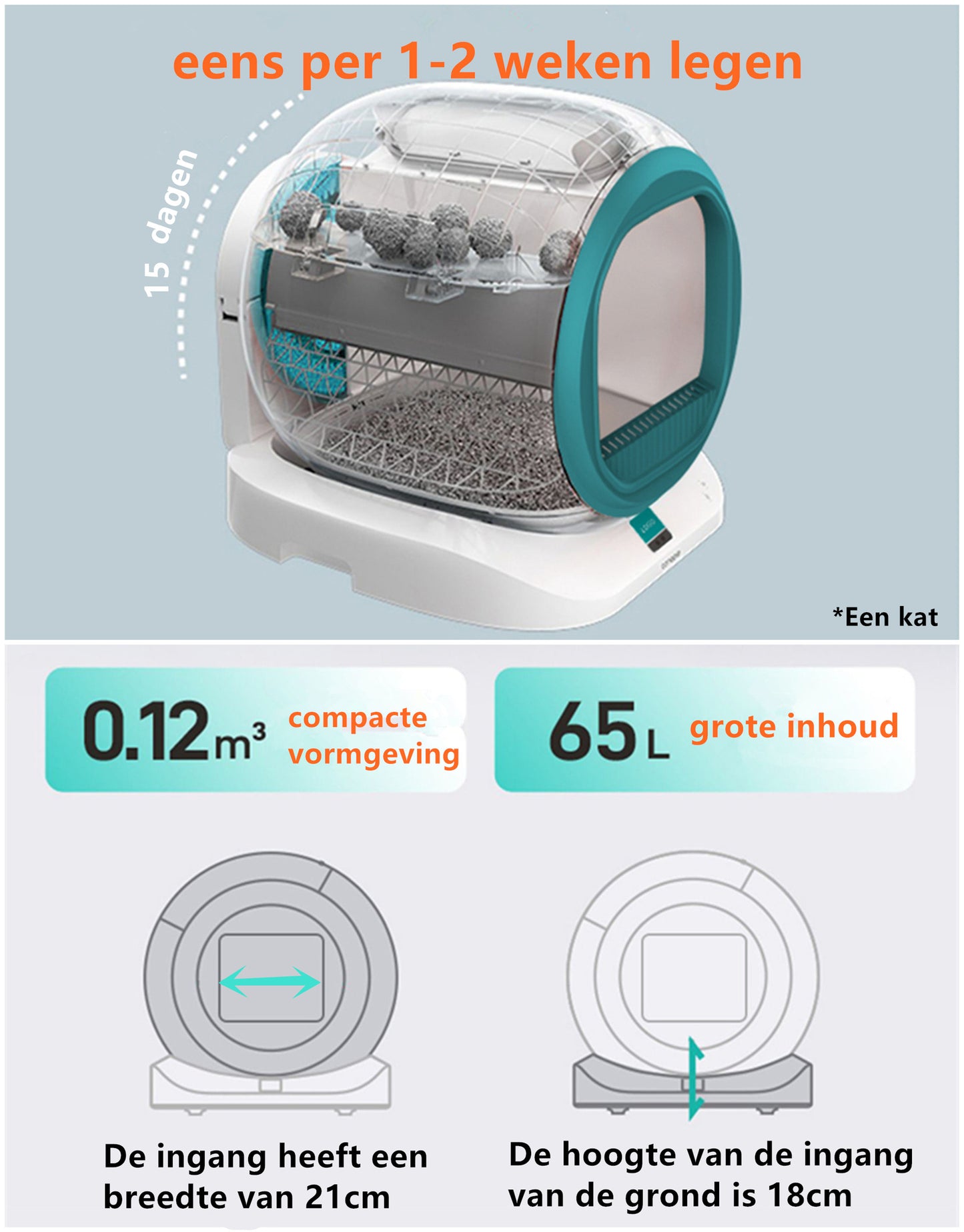 Tailfriends® Automatische Kattenbak - Zelfreinigende Kattenbak - Inclusief App-65L-groen/wit