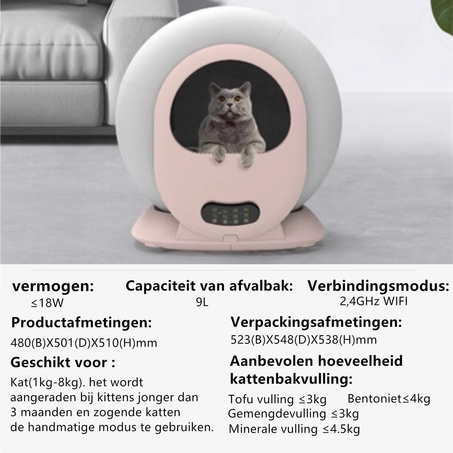 Tailfriends® Automatische Kattenbak - Zelfreinigende Kattenbak - Inclusief App-65L-grijs/wit