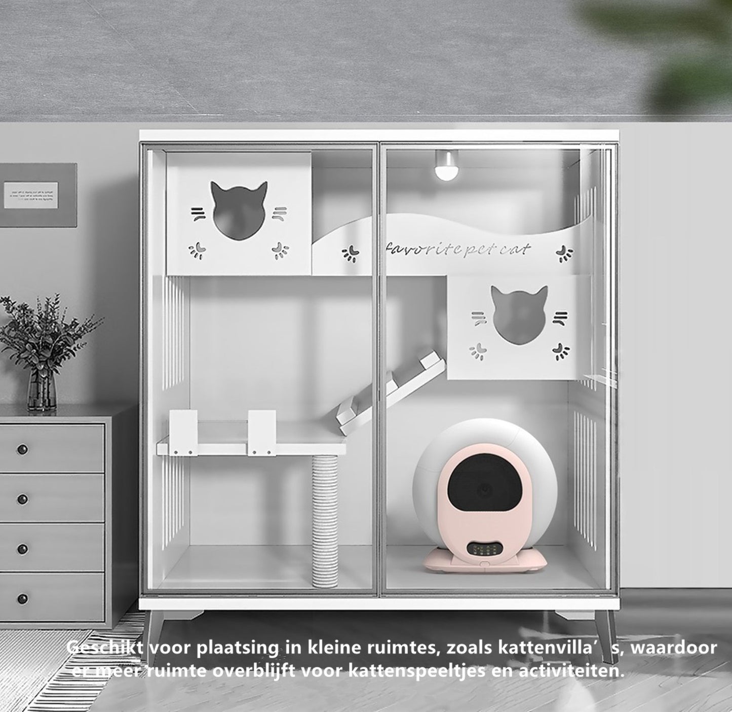 Tailfriends® Automatische Kattenbak - Zelfreinigende Kattenbak - Inclusief App-65L-grijs/wit