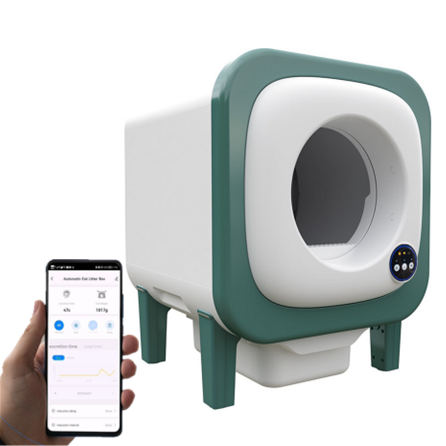 Tailfriends® Automatische Kattenbak - Zelfreinigende Kattenbak --ook geschikt voor grote katten kattenbak voor Maine Coons- Inclusief App-72L-groen/wit-WIFI-video