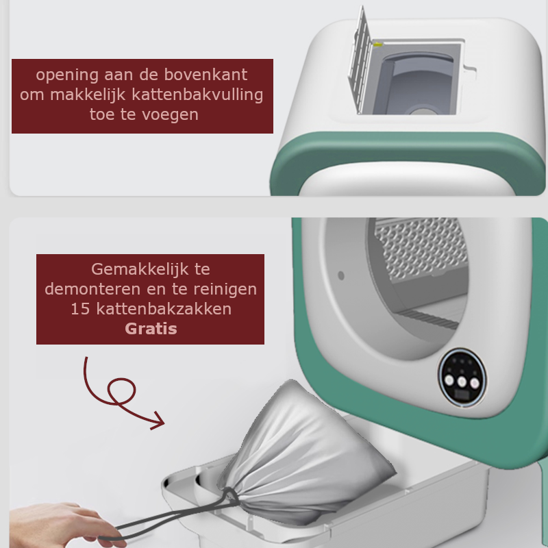 Tailfriends® Automatische Kattenbak - Zelfreinigende Kattenbak --ook geschikt voor grote katten kattenbak voor Maine Coons- Inclusief App-72L-groen/wit-WIFI-video