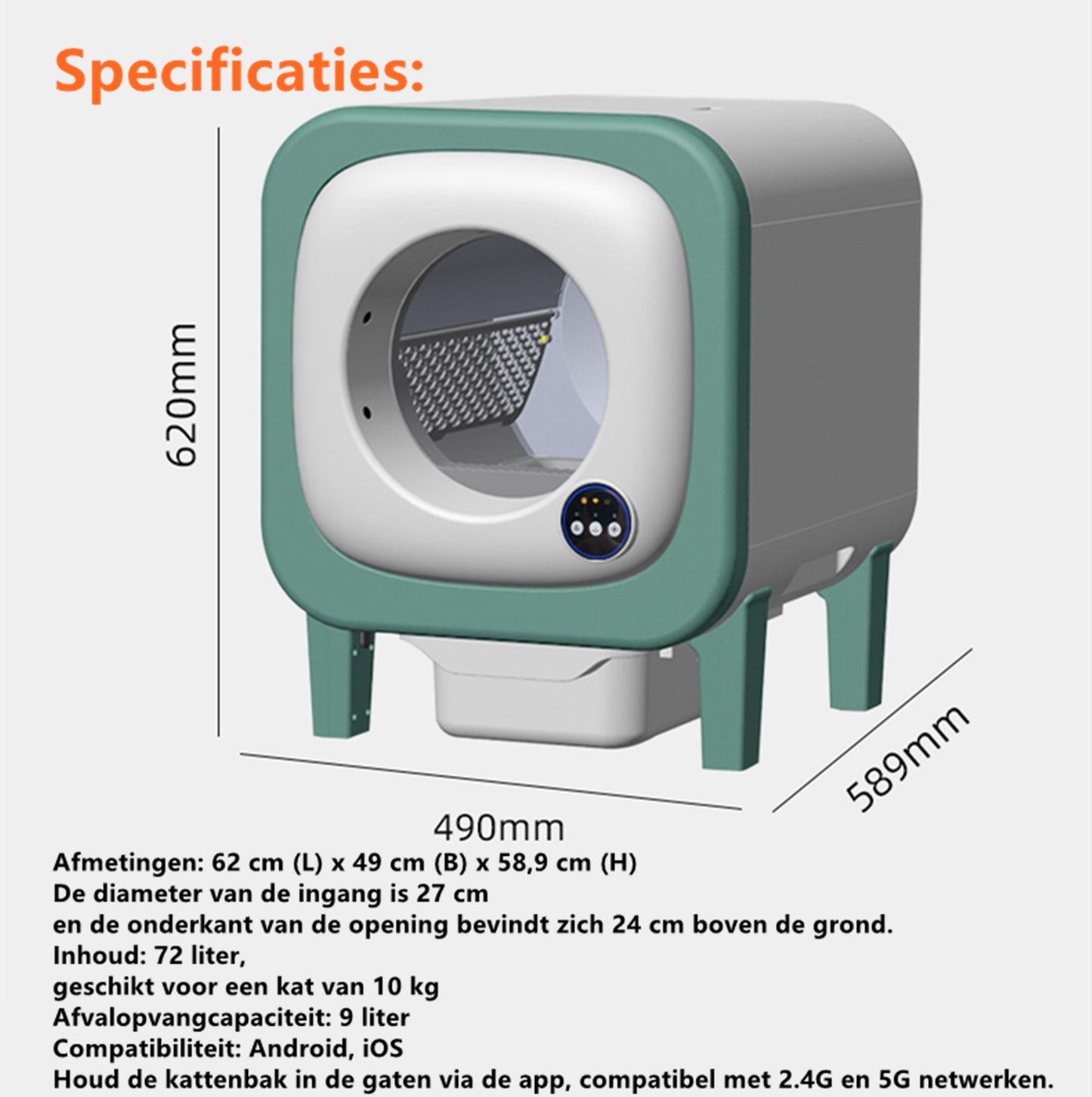 Tailfriends® Automatische Kattenbak - Zelfreinigende Kattenbak --ook geschikt voor grote katten kattenbak voor Maine Coons- Inclusief App-72L-groen/wit-WIFI-video