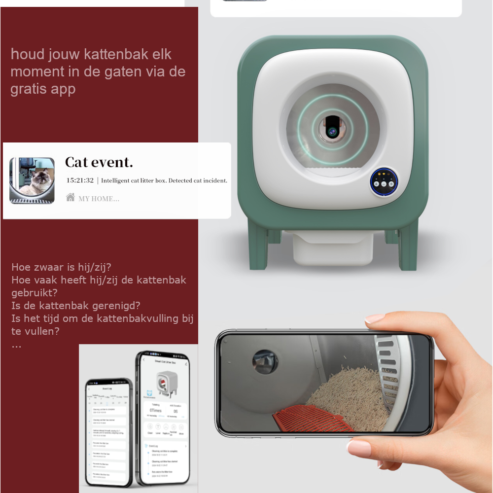 Tailfriends® Automatische Kattenbak - Zelfreinigende Kattenbak --ook geschikt voor grote katten kattenbak voor Maine Coons- Inclusief App-72L-groen/wit-WIFI-video
