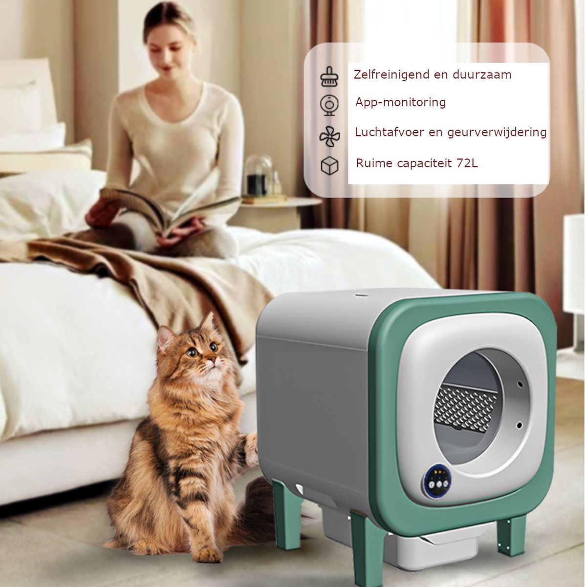Tailfriends® Automatische Kattenbak - Zelfreinigende Kattenbak --geschikt voor grote katten: kattenbak voor Maine Coons- Inclusief App-72L-groen/wit-met/zonder video