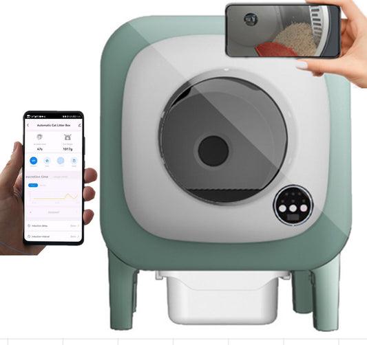 Tailfriends® Automatische Kattenbak - Zelfreinigende Kattenbak --ook geschikt voor grote katten kattenbak voor Maine Coons- Inclusief App-72L-groen/wit-WIFI-video