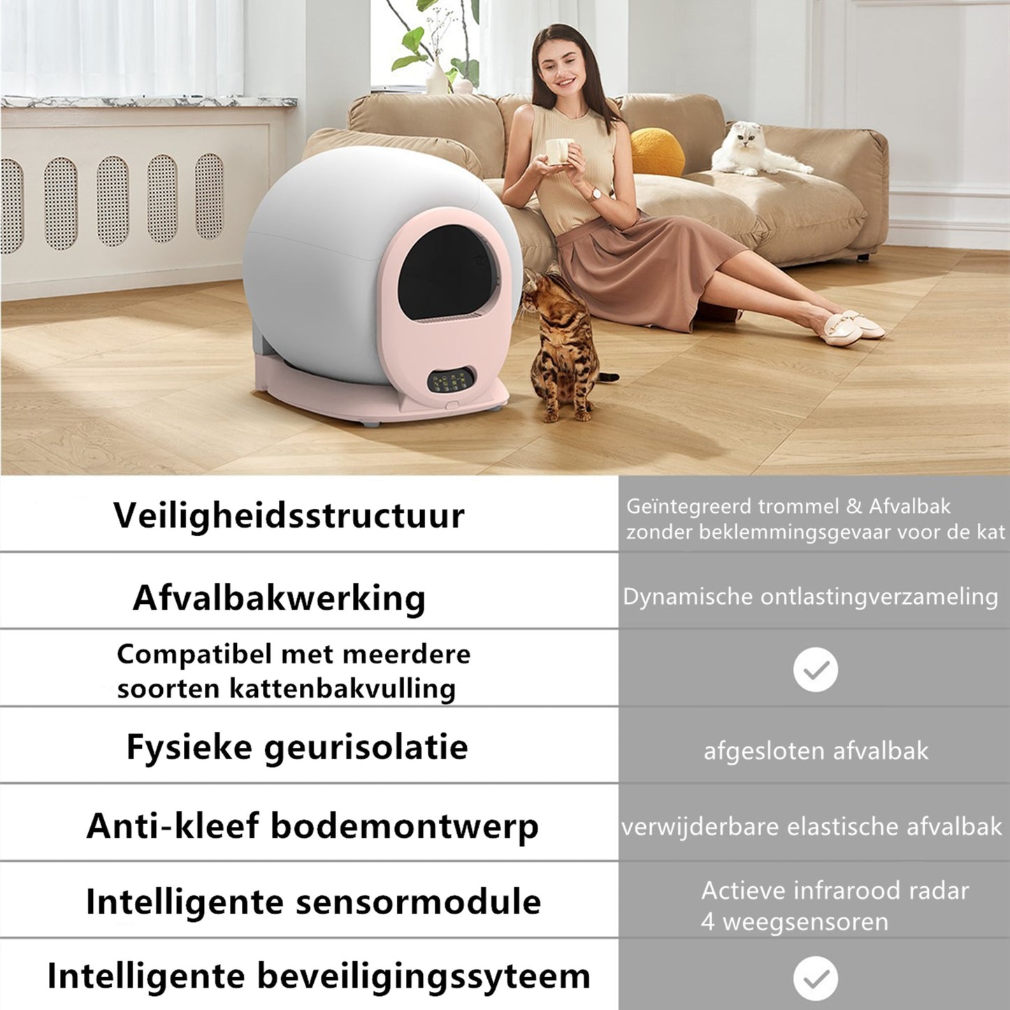 Tailfriends® Automatische Kattenbak - Zelfreinigende Kattenbak - Inclusief App-65L-grijs/wit